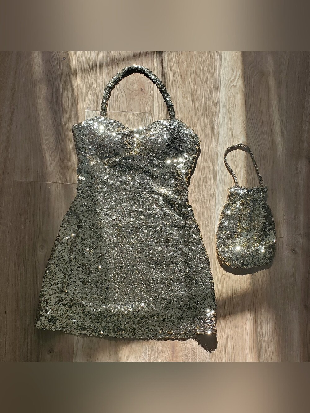 *One-of-a-kind* Sparkling Sequin Mini Dress with Matching Bag - Gold